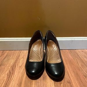 Clarks black leather wedges